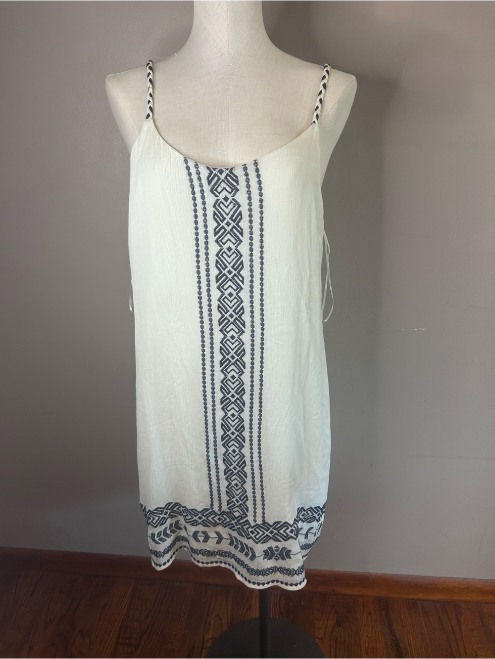 Skies Are Blue White Midi Dress with Navy Embroidered Trim